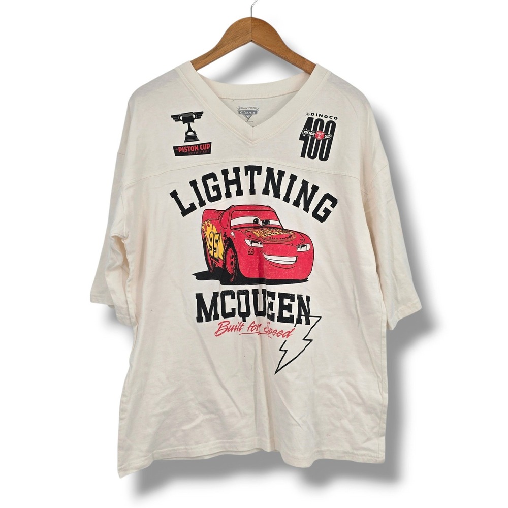 Disney Pixar Cars Lightning McQueen Piston Cup Racing Jersey Tee Cream Large